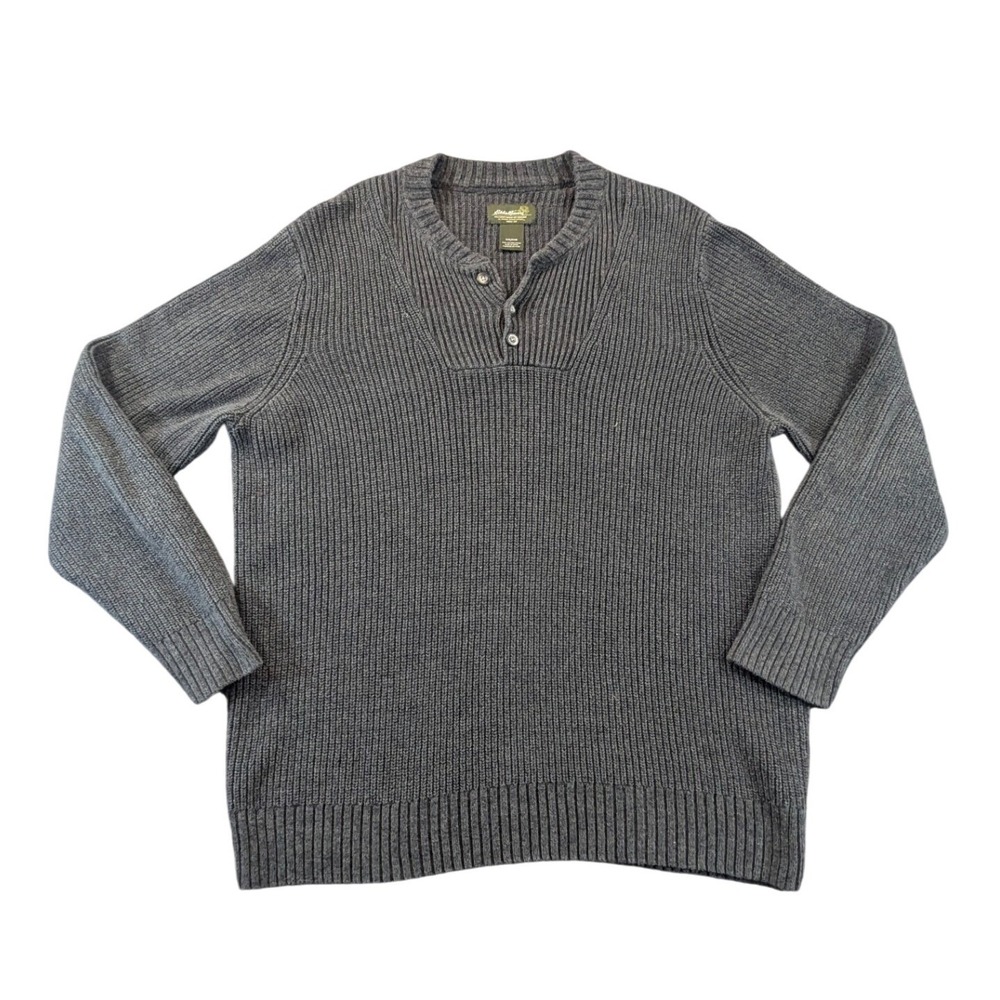 Eddie Bauer Henley Sweater Mens XXL Gray Ribbed Knit Cotton Pullover Heavyweight